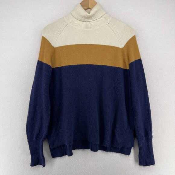 J.CREW Sweater Womens L Merino Wool Alpaca Blend Colorblock Turtleneck Blue - Picture 1 of 15